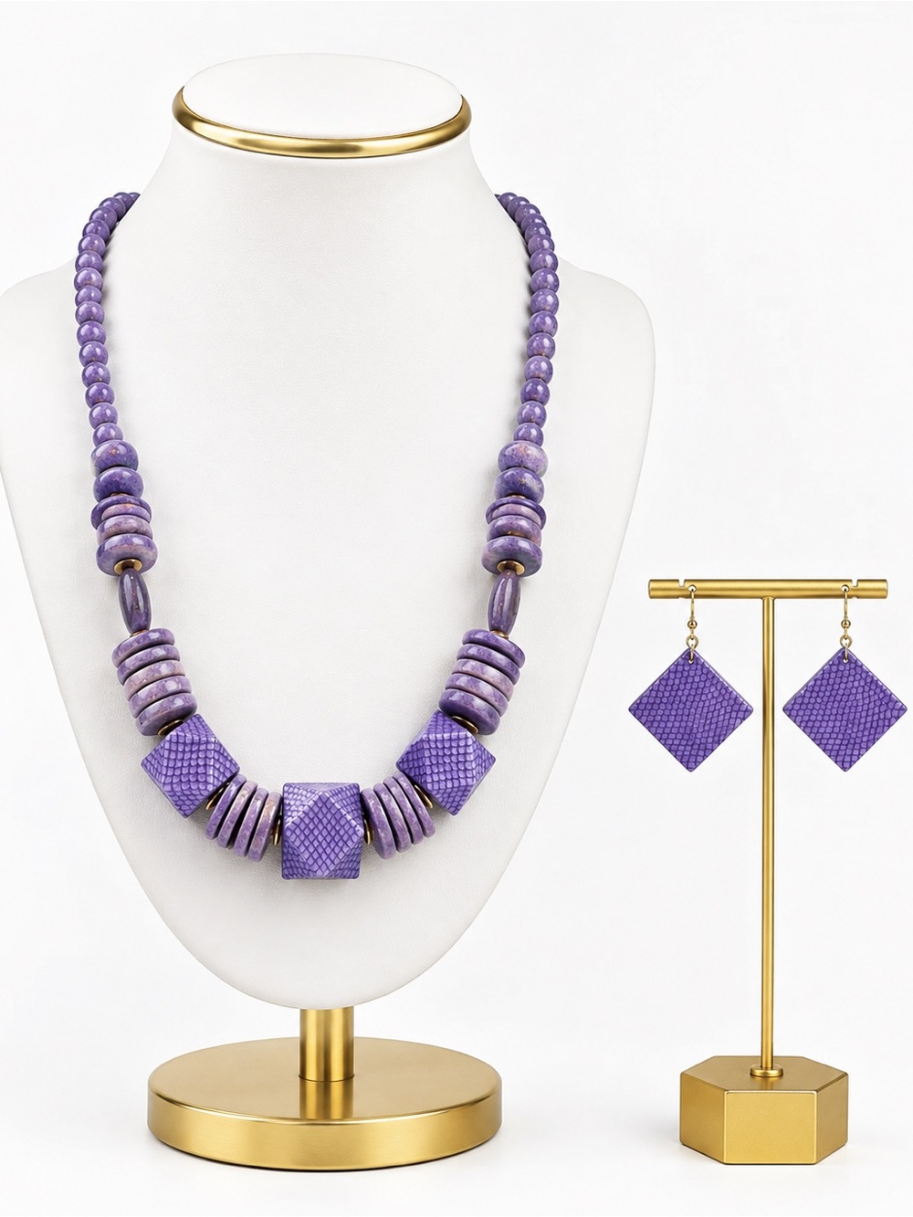 Vintage Lavender Sea Snakeskin Bead Necklace & Earrings Set — Women Jewelry